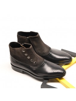 Brown leather and suede ankle boots, decorated with rivets, pointed toe, and side zipper closure.