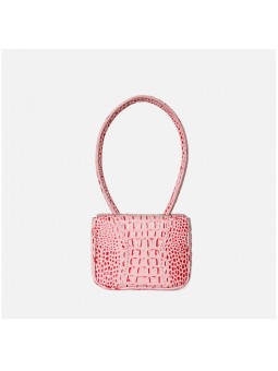 Handbag with top handle in genuine pink crocodile-effect leather, crafted from cowhide leather.