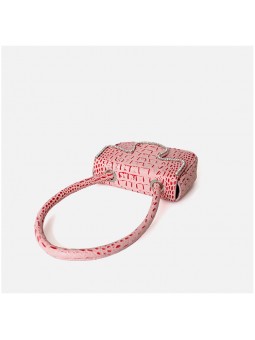 Handbag with top handle in genuine pink crocodile-effect leather, crafted from cowhide leather.