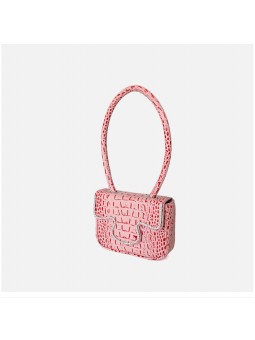 Handbag with top handle in genuine pink crocodile-effect leather, crafted from cowhide leather.