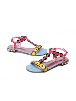 Multicolored sandals with riveted straps, open toe, buckle, and leather insole.