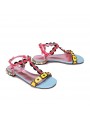 Multicolored sandals with riveted straps, open toe, buckle, and leather insole.