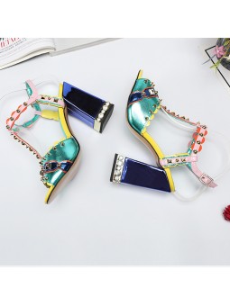 Multicolored sandals with block heels and embellishments, open toe, strap and buckle closure, leather insole.