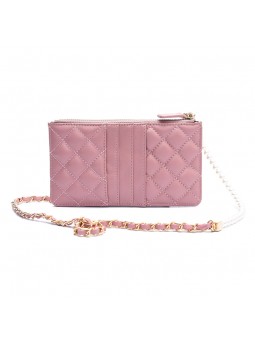 Light pink quilted leather zip-around wallet, with functional compartments for checks and bills