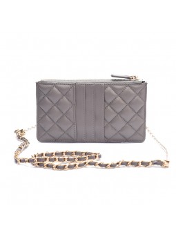 Elegante monedero de cuero acolchado gris con cremallera, con compartimentos para cheques y billetes