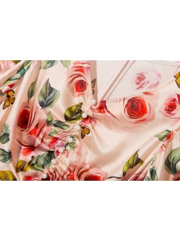 Asymmetrical ruffled long floral dress in mulberry silk, featuring a sweetheart neckline