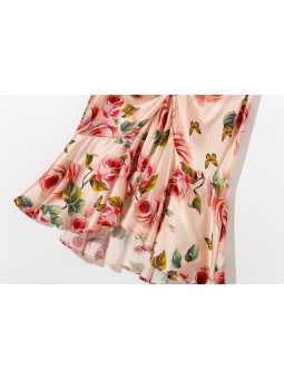 Asymmetrical ruffled long floral dress in mulberry silk, featuring a sweetheart neckline