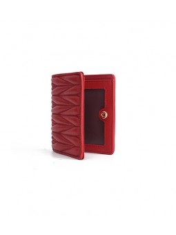 Cartera de mujer plegable de cuero acolchado rojo, con dos compartimentos y ranuras para tarjetas