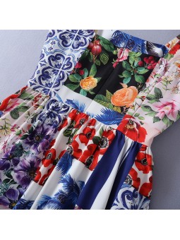 Vestido de verano largo multicolor con tirantes, decorado con un estampado patchwork de arabescos y rayas