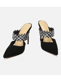 Elegant black suede high-heeled sandals with a strap adorned with rhinestones for a glamorous touch.