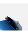 Mini blue leather bucket bag with gold finish and gold metal chain handle. Chic and original for every occasion.
