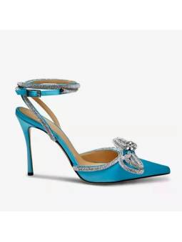 Zapatos de tacón de satén azul con doble lazo, tacón de aguja y punta afilada