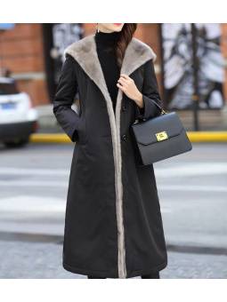 Women's long black waterproof fur coat with hood