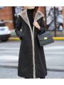 Women's long black waterproof fur coat with hood