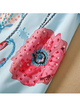 Abito estivo corto blu da donna ornato di perle e paillettes