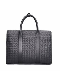 Maletín de auténtico cuero negro tejido a mano, con dos asas superiores para un transporte elegante y cómodo