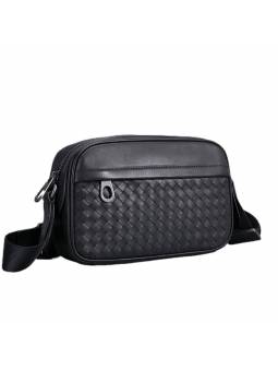 Men's black woven leather shoulder pouch, adorned with silver-tone metal finishes