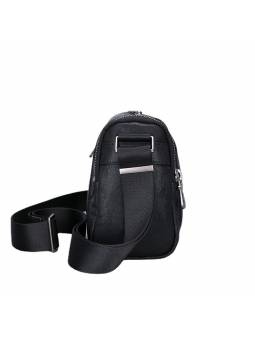Men's shoulder bag in genuine black leather, featuring silver-tone metal finishes for an elegant touch