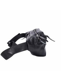 Men's black leather belt pouch featuring silver-tone metal finishes and three pockets