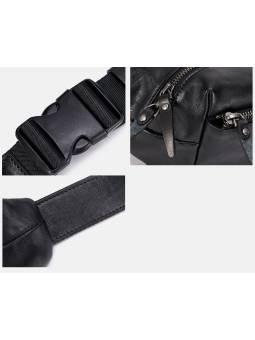Men's black leather belt pouch featuring silver-tone metal finishes and three pockets