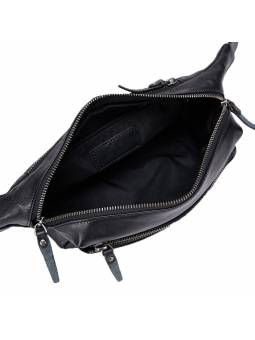 Men's black leather belt pouch featuring silver-tone metal finishes and three pockets