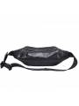 Men's black leather belt pouch featuring silver-tone metal finishes and three pockets