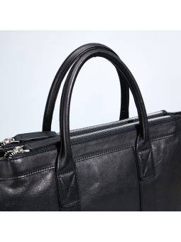 Portadocumentos para hombre  de cuero suave negro, con acabado metálico plateado y dos asas superiores