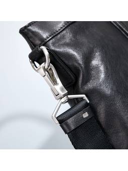 PPortadocumentos para hombre  de cuero suave negro, con acabado metálico plateado y dos asas superiores
