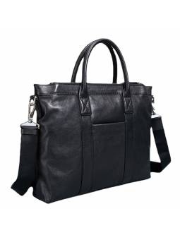 Portadocumentos para hombre  de cuero suave negro, con acabado metálico plateado y dos asas superiores