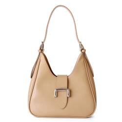 Sac à bandoulière en cuir de vachette nude avec patte coulissante. Élégance et douceur au quotidien.