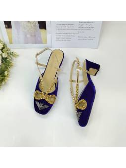 Scarpe con tacco da donna in velluto blu con ornamenti in cristallo