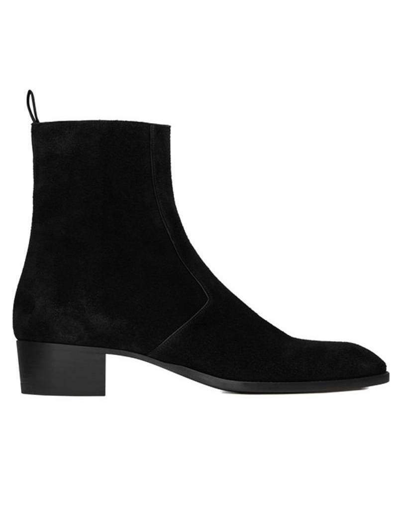 Bottines western pour homme en daim noir véritable, offrant une apparence masculine robuste