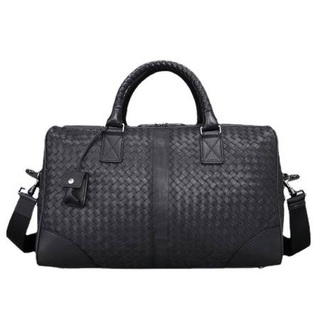 Men's black woven leather travel bag with adjustable shoulder strap for comfortable and stylish carrying