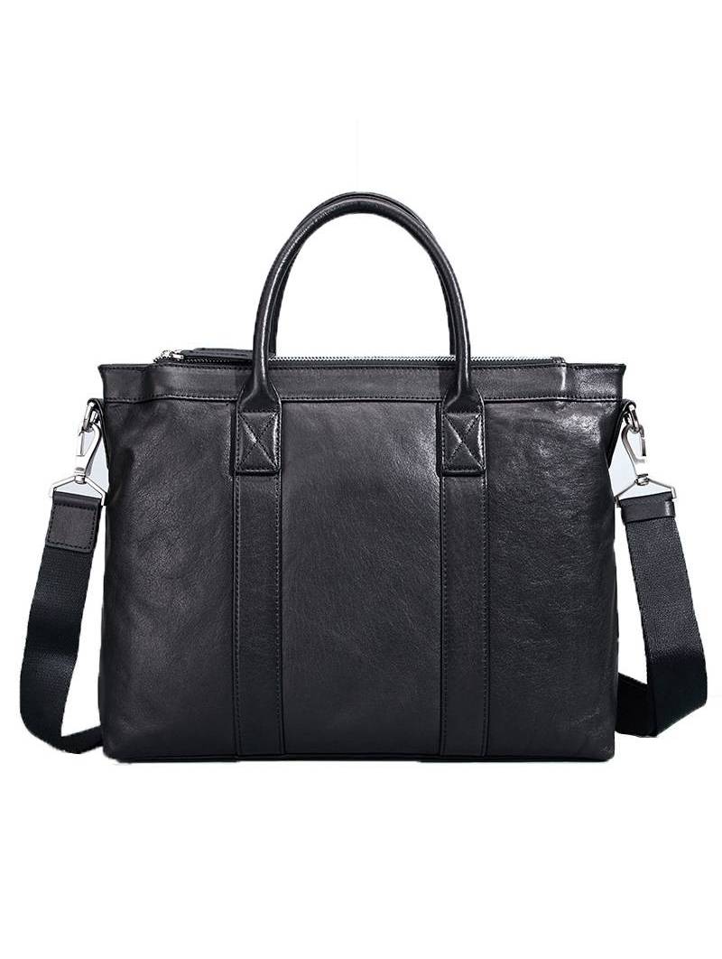 Portadocumentos para hombre  de cuero suave negro, con acabado metálico plateado y dos asas superiores