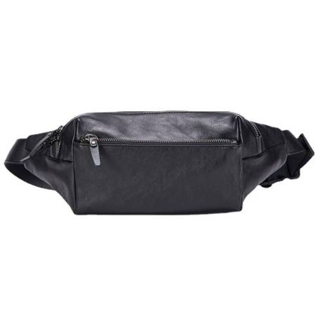 Men's black leather belt pouch featuring silver-tone metal finishes and three pockets