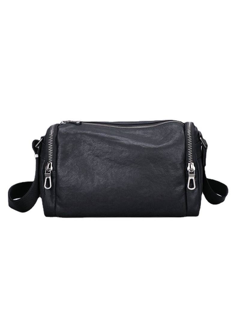 Men's shoulder bag in genuine black leather, featuring silver-tone metal finishes for an elegant touch