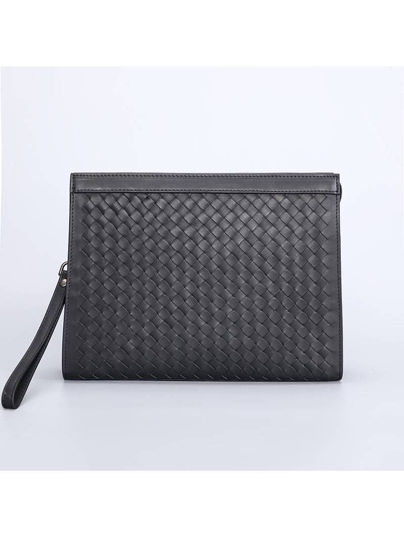 Men's black hand-woven leather envelope bag, adorned with silver-tone metal finishes for refined elegance