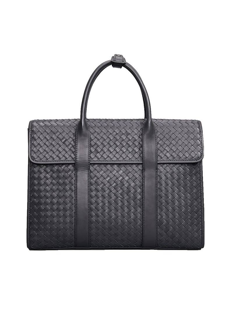 Maletín de auténtico cuero negro tejido a mano, con dos asas superiores para un transporte elegante y cómodo