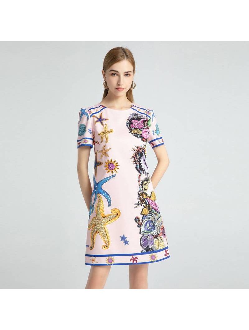 Vestido trapecio corto rosa con estampado de estrellas de mar para mujer