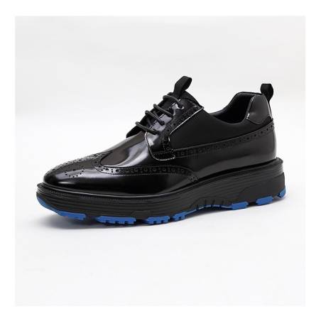 Black leather brogue shoes with a blue sole, grosgrain detail, and back tongue for a sophisticated touch.