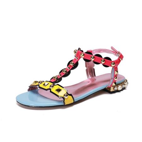 Multicolored sandals with riveted straps, open toe, buckle, and leather insole.