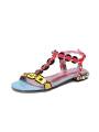 Multicolored sandals with riveted straps, open toe, buckle, and leather insole.