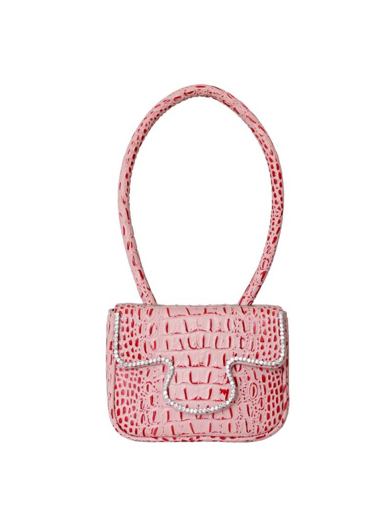Handbag with top handle in genuine pink crocodile-effect leather, crafted from cowhide leather.