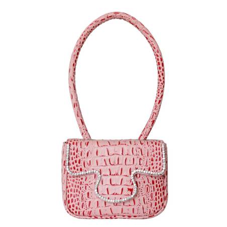 Handbag with top handle in genuine pink crocodile-effect leather, crafted from cowhide leather.