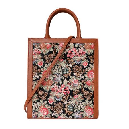 Borsa shopping verticale in jacquard floreale marrone con due manici superiori e chiusura con bottone a pressione.
