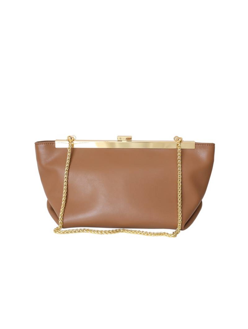 Pochette marrone in pelle con cornice dorata e chiusura a clip. Portabile a mano o a spalla con catena dorata.