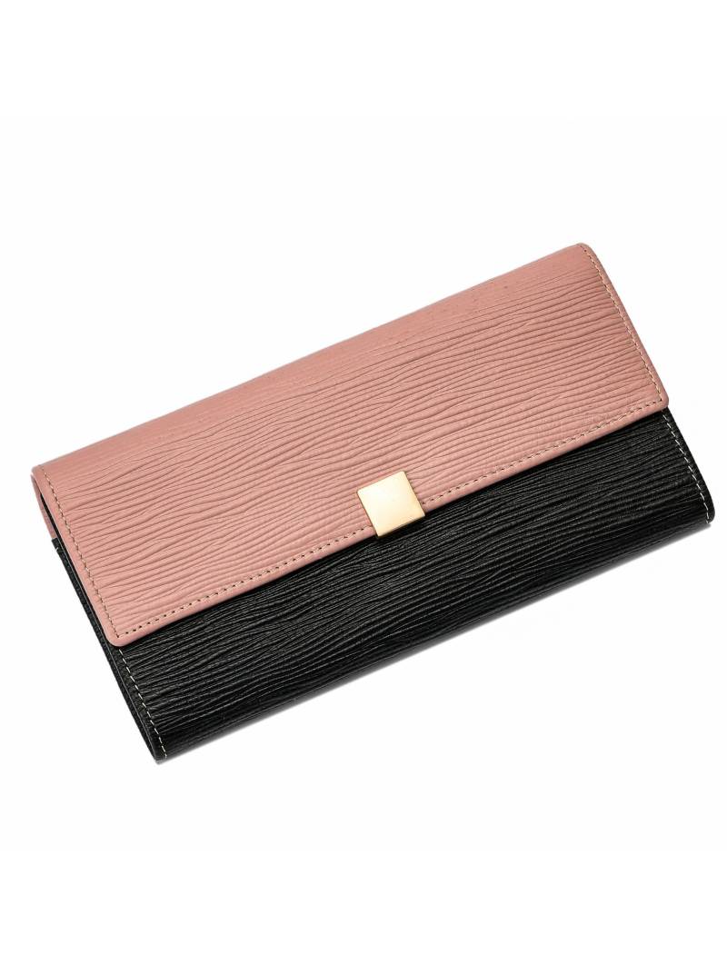 Portafoglio lungo bicolore in pelle martellata rosa e nera, patta e chiusura in metallo. Due scomparti con slot per carte