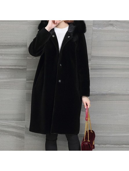 Prato Manteau femme en laine noir avec capuche et col en fourrure Taille S