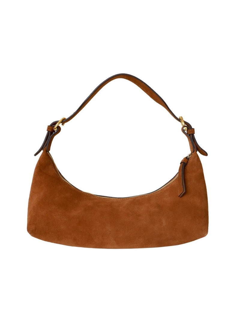 Greco Baguette bag with shoulder strap and zip made of real suede Color  Caramel