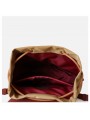 Beige two-tone women’s bag with leather handle, drawstring and belted flap closure.